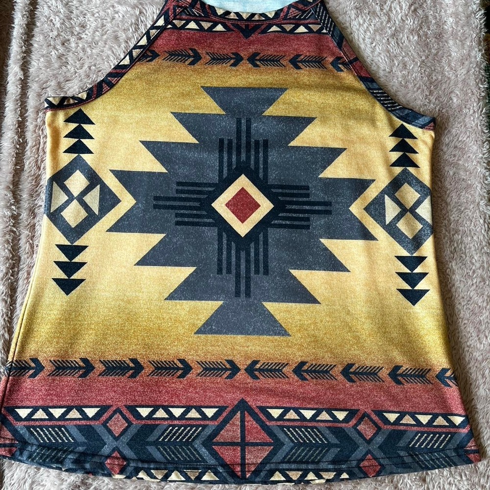 Womens Yellow Red Geometric Southwestern Halter Neck Tank Top Boho M